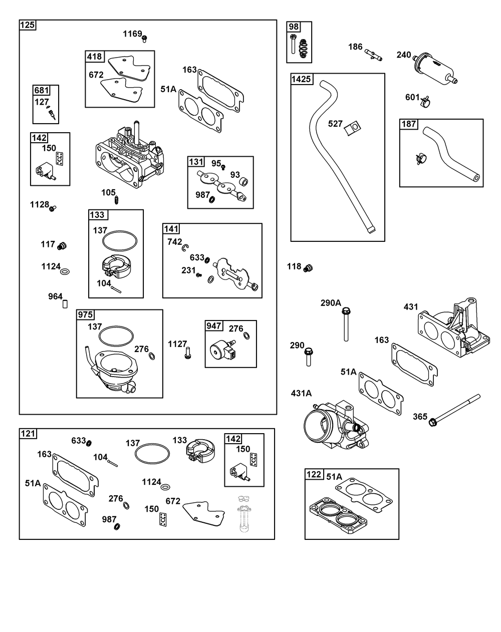 Carburetor And Fuel Supply Group Diagram and Parts List for 540477-1119-G1 400000 - 699999 Briggs and Stratton Engine